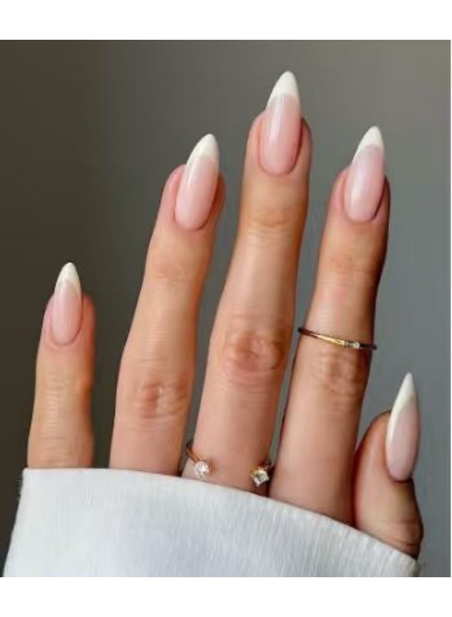 Orange Life Press On Nails 2 Box Set Almond French Tip Nude Pink Glossy Artificial Nails Full Cover Reusable Stick On Nails Acrylic Soft Gel Nail Kit Elegant Minimalist Nails for Women Daily Wear Office Wedding Party Salon Style - Image 2